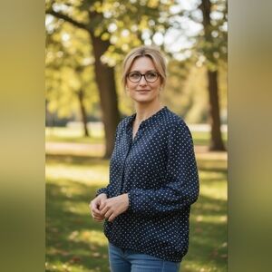 J. CREW Navy Blue White Polka Dot Blouse 06731 Popover Tunic Top XL Peppy Funky